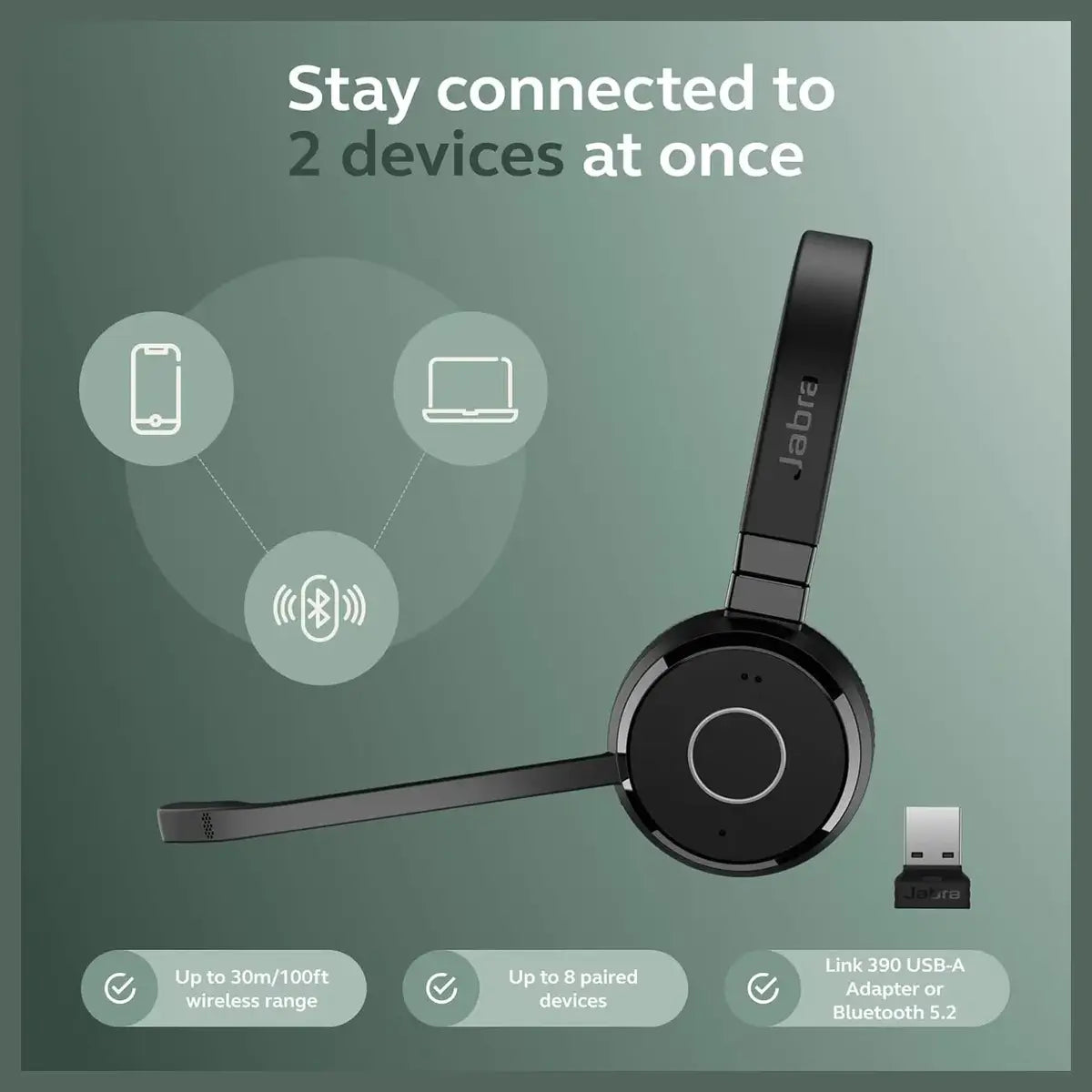 Jabra Evolve 65 TE Stereo Wireless Single-Ear Headphones Noise-Canceling Mic, 16hrs Battery Life, Dual Connectivity, Black