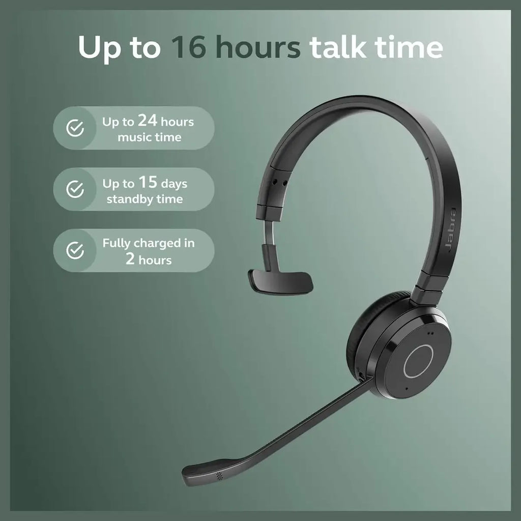 Jabra Evolve 65 TE Stereo Wireless Single-Ear Headphones Noise-Canceling Mic, 16hrs Battery Life, Dual Connectivity, Black