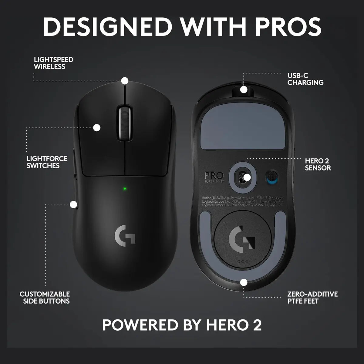 Logitech G PRO X Superlight 2c Lightspeed Gaming Mouse, 44K DPI, Up To 8kHz Polling, Black