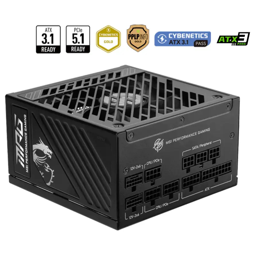 MSI MPG A850GS PCIE5 Power Supply 850W 80 PLUS Gold Full Modular, Native 12V-2x6, Dual-Color 12V-2x6 Cable