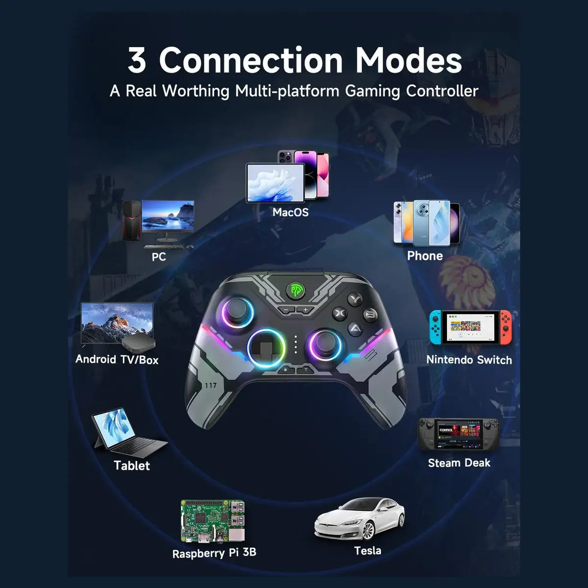 EasySMX X15 PC Controller, Tri-Mode Wireless Bluetooth, Hall Joysticks and Hall Triggers, RGB Lighting, 20 Hours Battery Life, Black