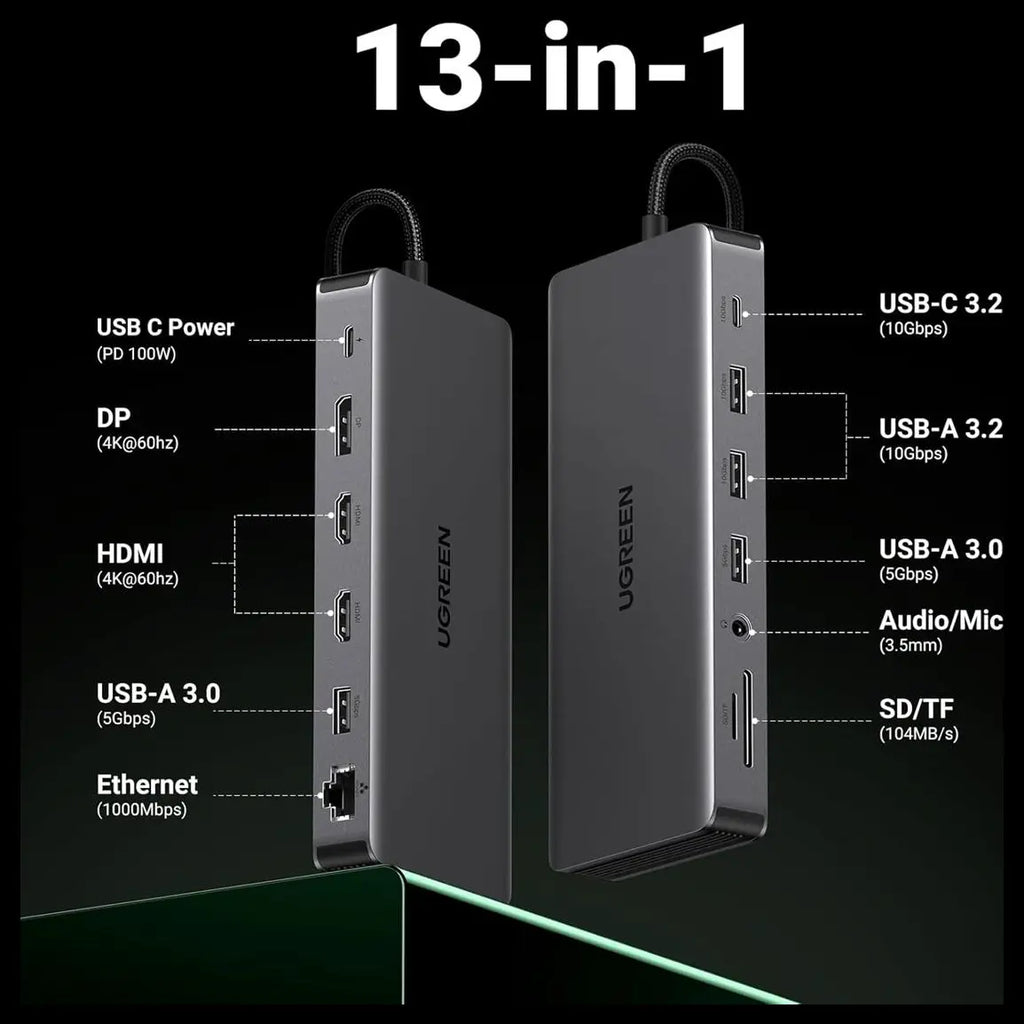 Ugreen Revodok Pro 313 Laptop Docking Station 13-in-1 4K Triple Display USB C Dock Dual HDMI and DP 10Gbps 100W PD Gigabit Ethernet SD and TF Card Reader