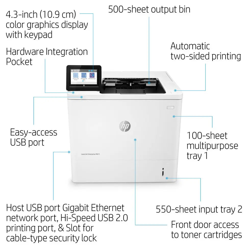 HP LaserJet Enterprise M611DN Monochrome Printer, 65ppm, 1200x1200dpi, Auto Duplex, USB-B Ethernet