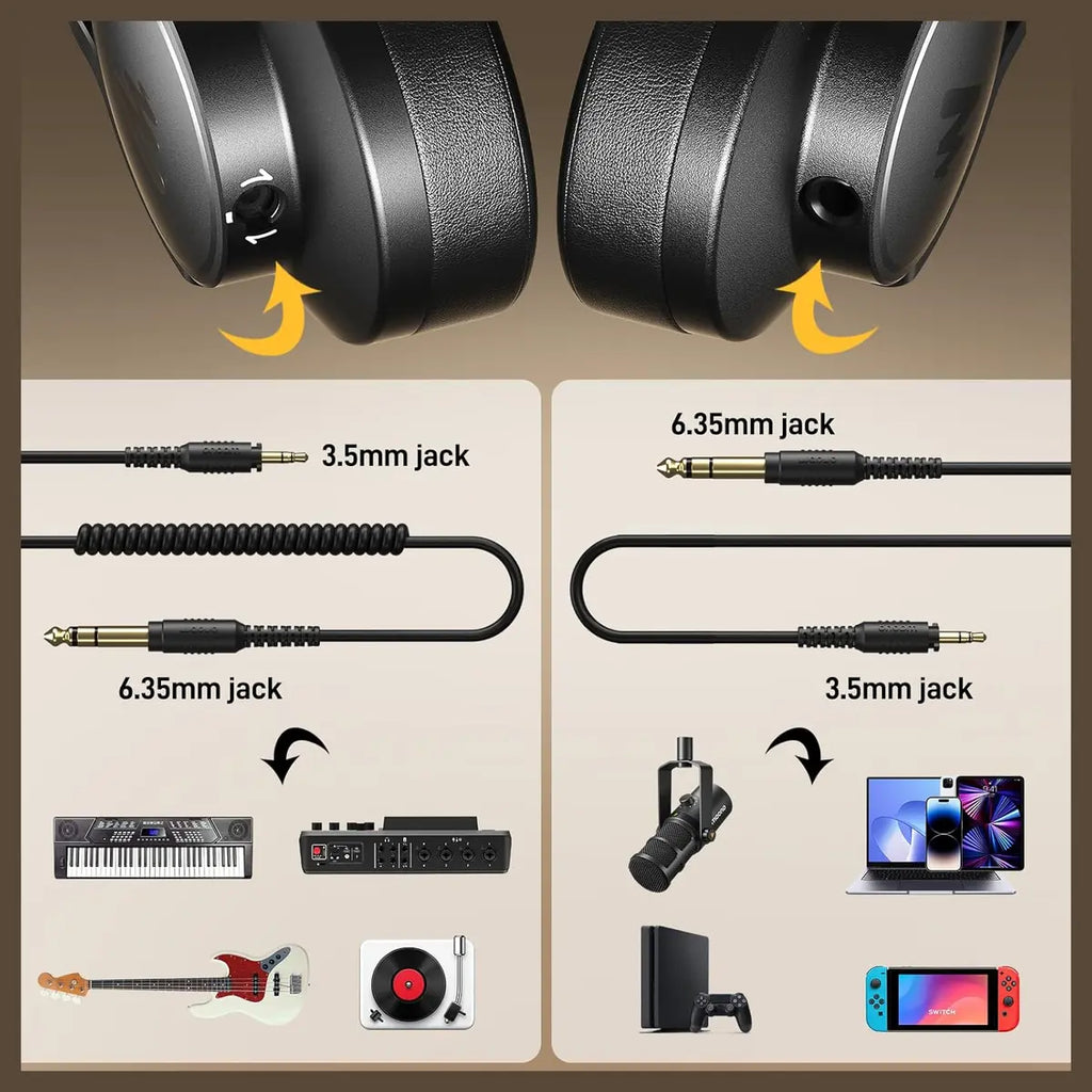 MAONO MH700 Gaming Headphones Over Ear Wired Headset 50mm Driver 3.5mm to 6.35mm Jack Black