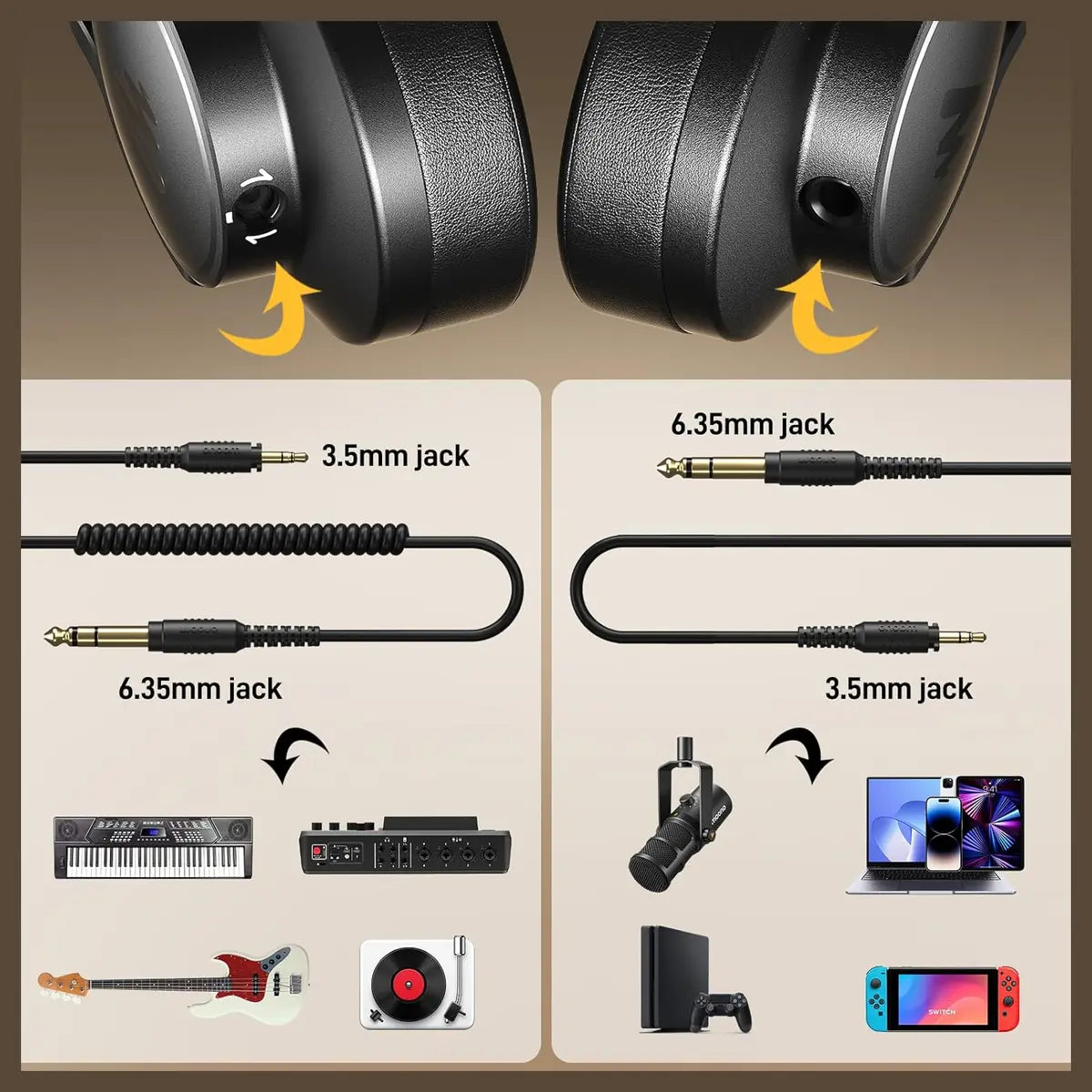 MAONO MH700 Gaming Headphones Over Ear Wired Headset 50mm Driver 3.5mm to 6.35mm Jack Black