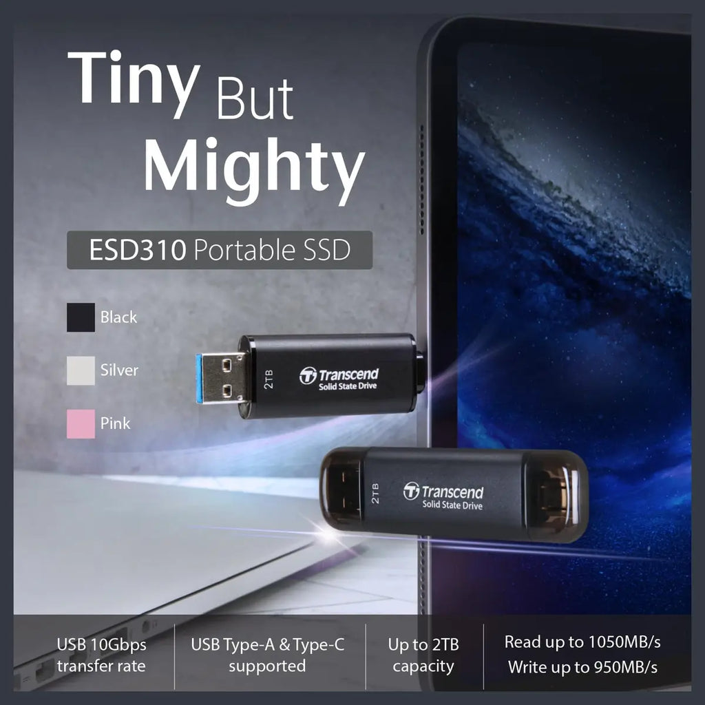 Transcend ESD310 512GB Dual USB Type-A and USB Type-C External SSD Up To 1050MB/s Black TS512GESD310S