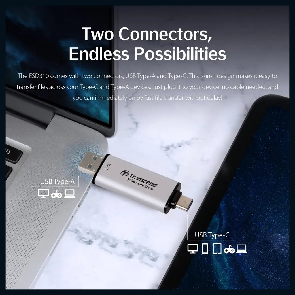 Transcend ESD310 512GB Dual USB Type-A and USB Type-C External SSD Up To 1050MB/s Black TS512GESD310S