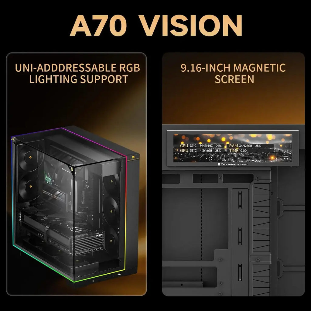 Thermalright A70 Vision ATX Gaming Case, 9.16 Inch LCD Display, Panoramic Glass Panel, USB Type-C, Black