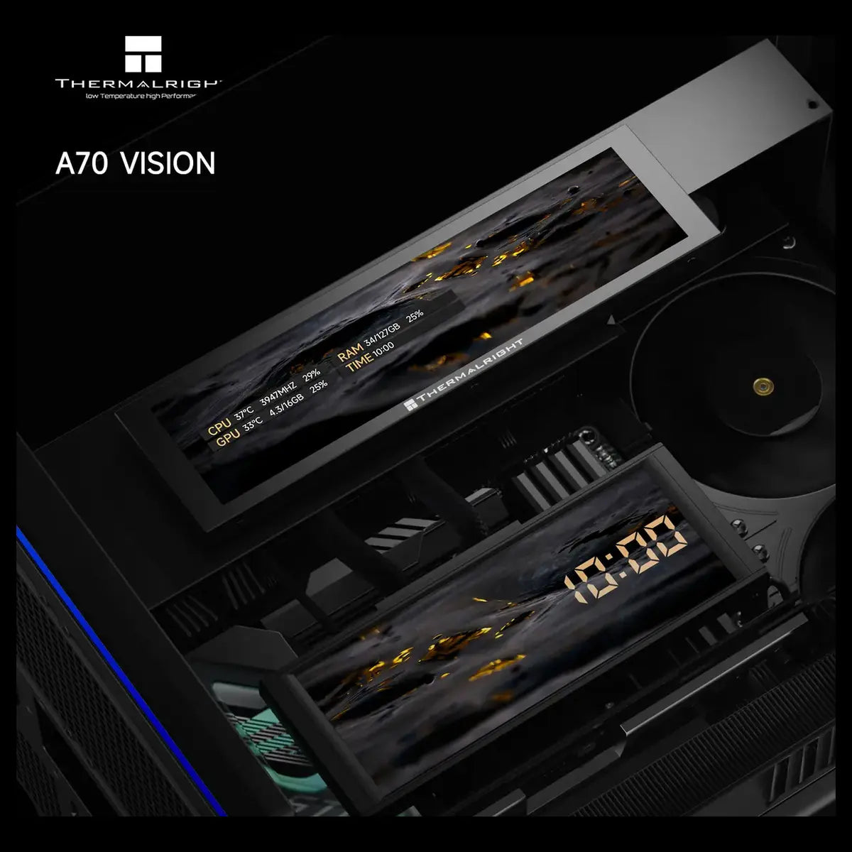 Thermalright A70 Vision ATX Gaming Case, 9.16 Inch LCD Display, Panoramic Glass Panel, USB Type-C, Black