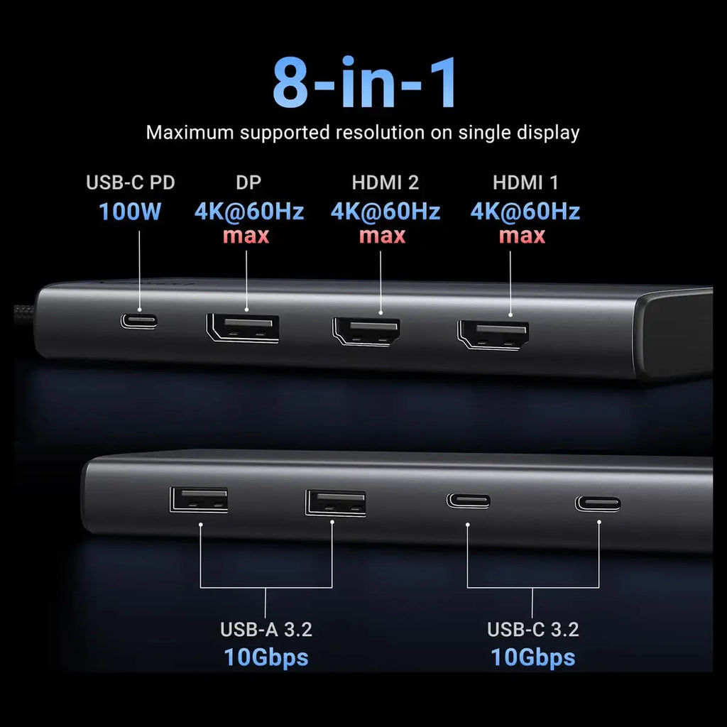 UGREEN 35625 8-in-1 USB-C Docking Station, Triple 4K60Hz HDMI and DisplayPort, 100W Power Delivery 35625