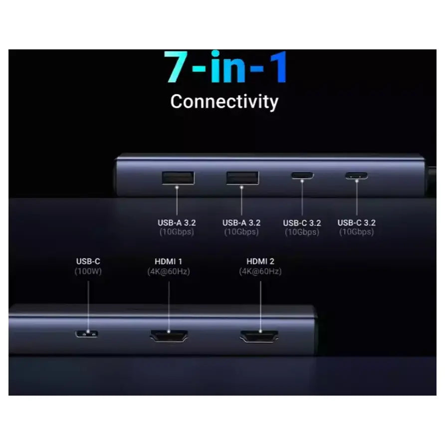 UGREEN 7-in-1 USB-C Hub Dual 4K at 60Hz HDMI 100W PD 4x USB-A and USB-C 10Gbps Aluminum Alloy 45379