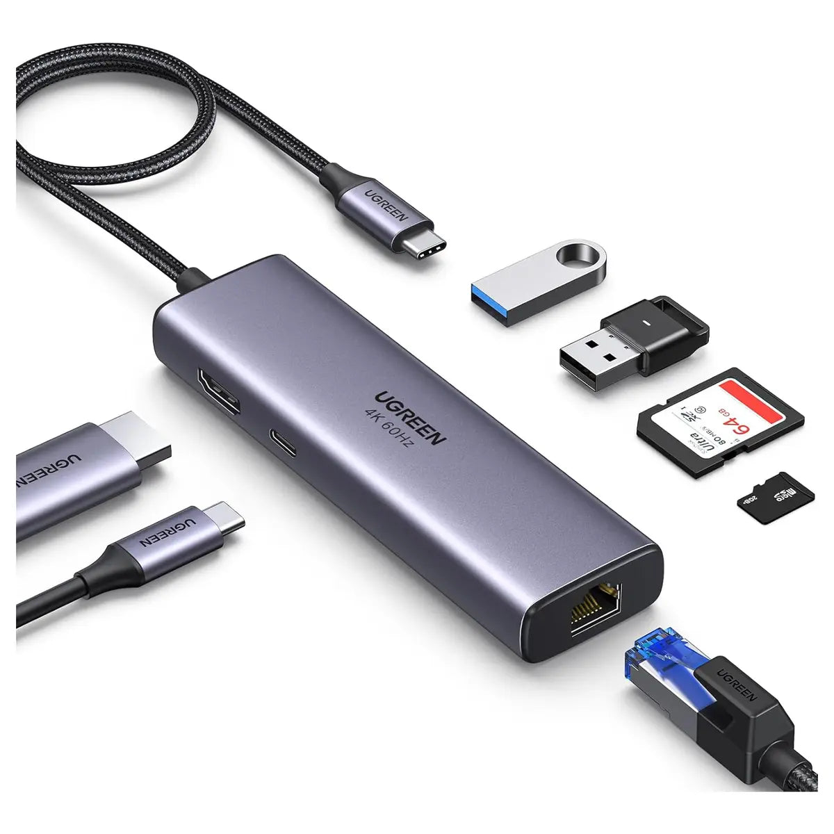 UGREEN Revodok 7 in 1 USB-C Hub Gigabit Ethernet Adapter 4K at 60Hz HDMI 100W PD 2x USB-A 3.0 SD and TF Card Reader 60515