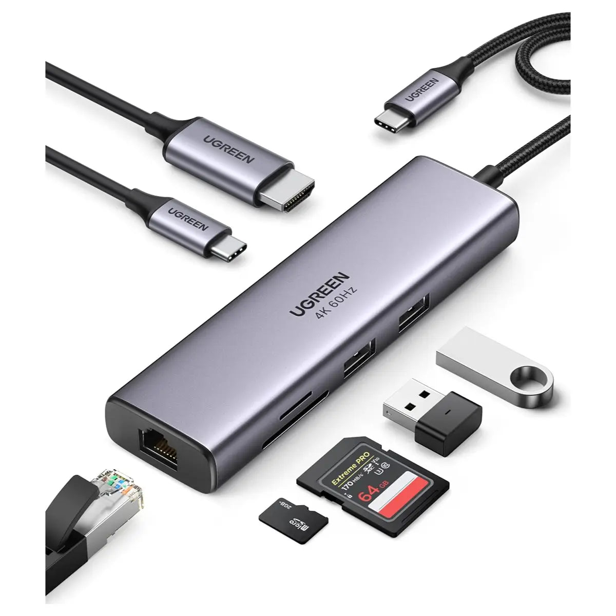 UGREEN Revodok 7 in 1 USB-C Hub Gigabit Ethernet Adapter 4K at 60Hz HDMI 100W PD 2x USB-A 3.0 SD and TF Card Reader 60515