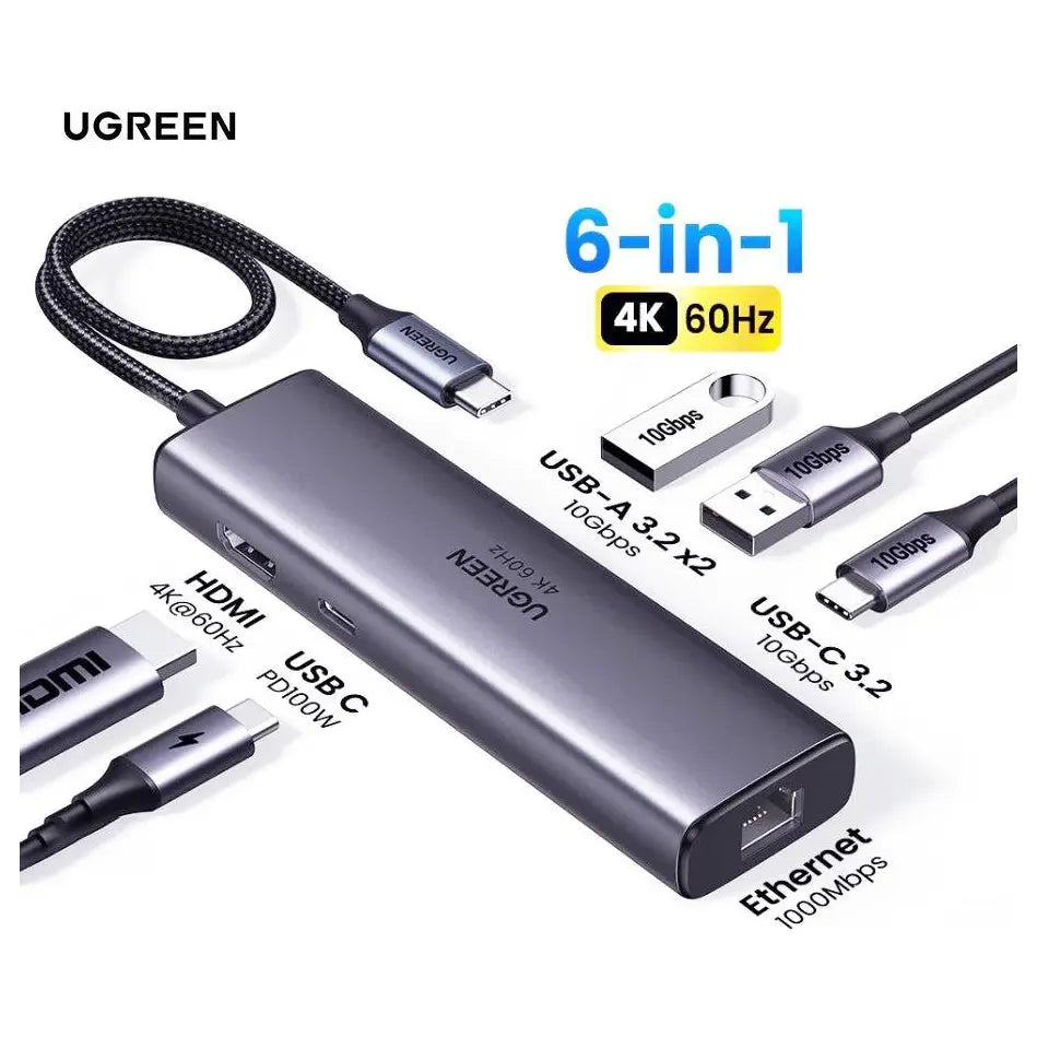 UGREEN USB-C 6-In-1 Hub Docking Station With HDMI 4K@60Hz USB 3.2 10Gbps RJ45 1Gbps Power Delivery 100W Model 45000