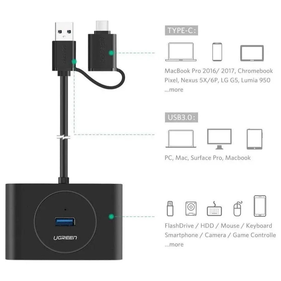 Ugreen USB Hub 4-Port USB 3.0 Hub with 1M Extension Cable OTG USB-C Plug Black 40850