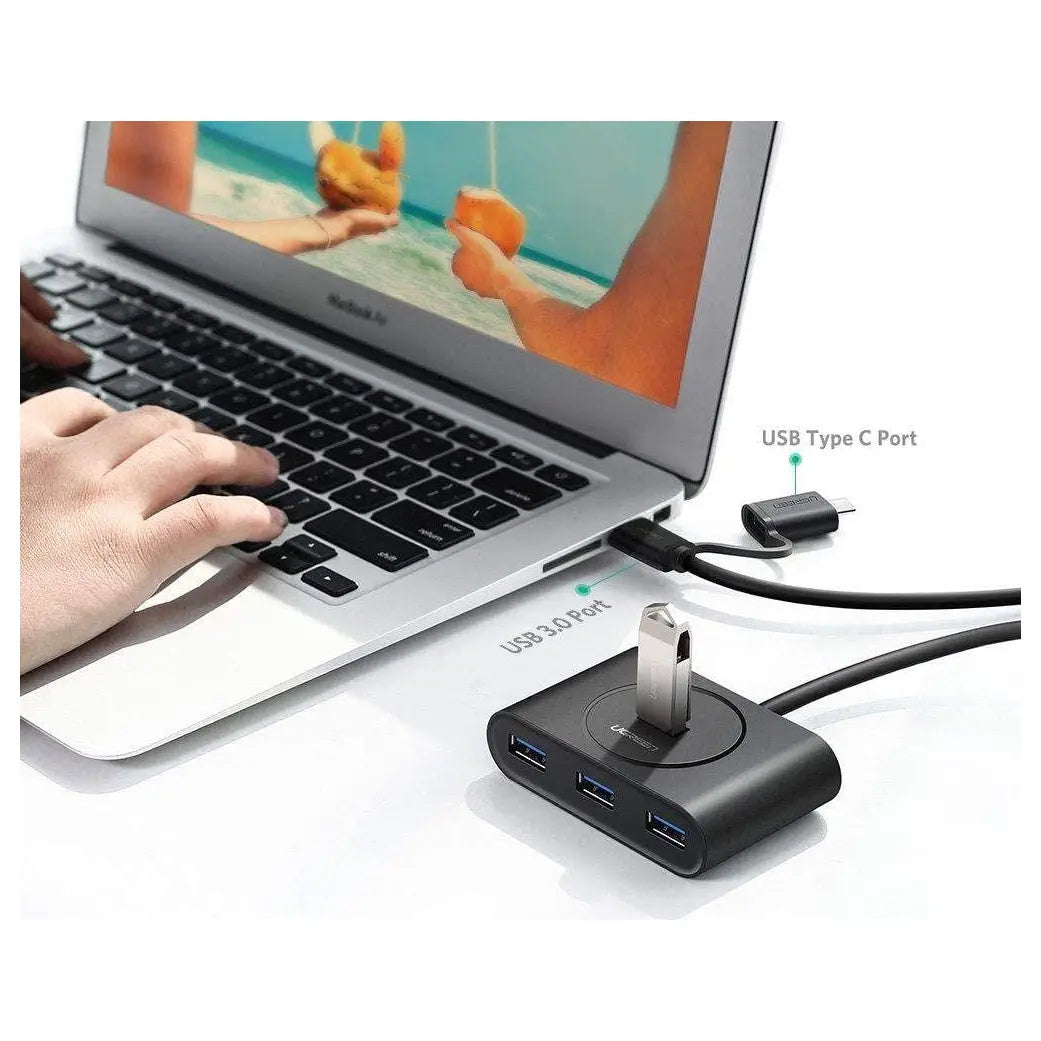 Ugreen USB Hub 4-Port USB 3.0 Hub with 1M Extension Cable OTG USB-C Plug Black 40850