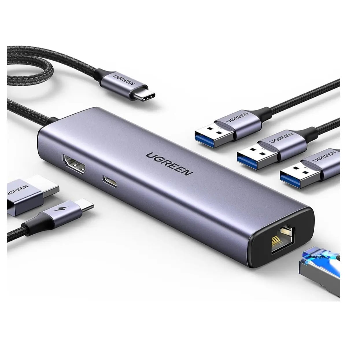 Ugreen Revodok 6-in-1 USB-C Hub, 4K@30Hz HDMI, Gigabit Ethernet, 100W PD, 3x USB-A 3.0 5Gbps 15598