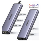 Ugreen Revodok 6-in-1 USB-C Hub, 4K@30Hz HDMI, Gigabit Ethernet, 100W PD, 3x USB-A 3.0 5Gbps 15598