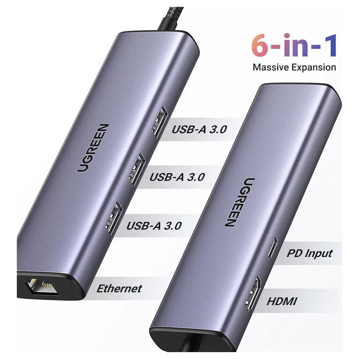 Ugreen Revodok 6-in-1 USB-C Hub, 4K@30Hz HDMI, Gigabit Ethernet, 100W PD, 3x USB-A 3.0 5Gbps 15598