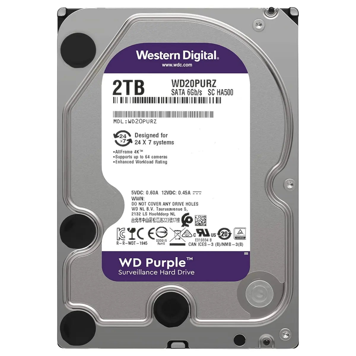 Western Digital WD Purple 2TB Surveillance Internal Hard Drive HDD SATA 6Gb/s 3.5 inch WD20PURZ
