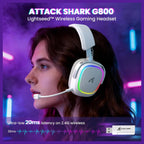 ATTACK SHARK G800 Wireless Gaming Headset, 7.1 Surround Sound, 50mm Drivers, 2.4GHz Bluetooth Wired, White