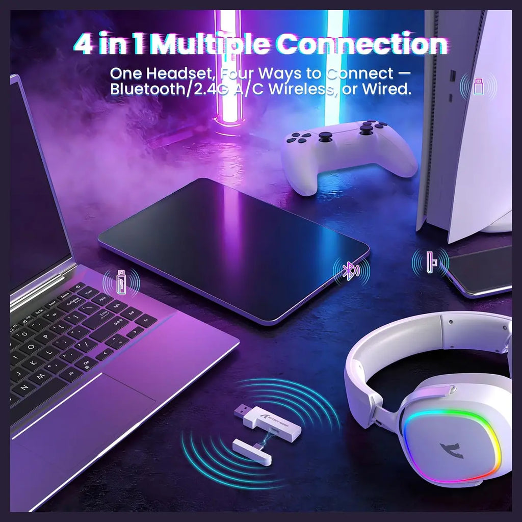 ATTACK SHARK G800 Wireless Gaming Headset, 7.1 Surround Sound, 50mm Drivers, 2.4GHz Bluetooth Wired, White