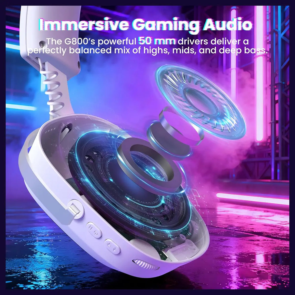 ATTACK SHARK G800 Wireless Gaming Headset, 7.1 Surround Sound, 50mm Drivers, 2.4GHz Bluetooth Wired, White