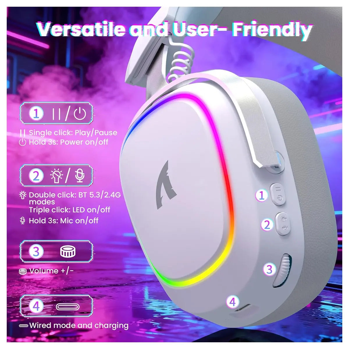 ATTACK SHARK G800 Wireless Gaming Headset, 7.1 Surround Sound, 50mm Drivers, 2.4GHz Bluetooth Wired, White