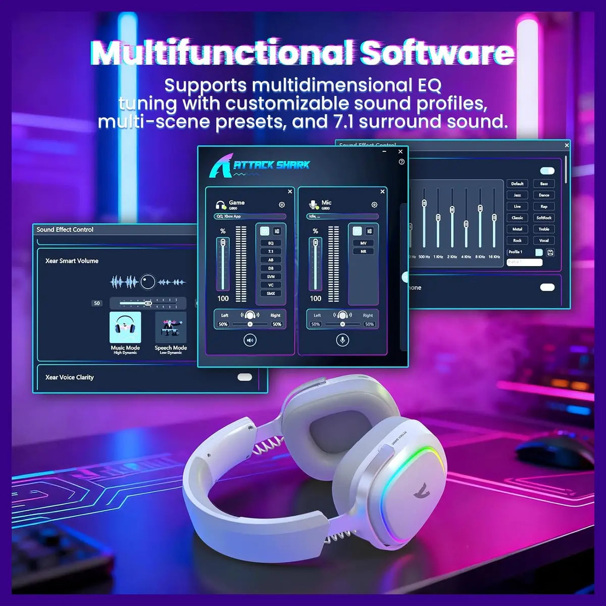 ATTACK SHARK G800 Wireless Gaming Headset, 7.1 Surround Sound, 50mm Drivers, 2.4GHz Bluetooth Wired, White