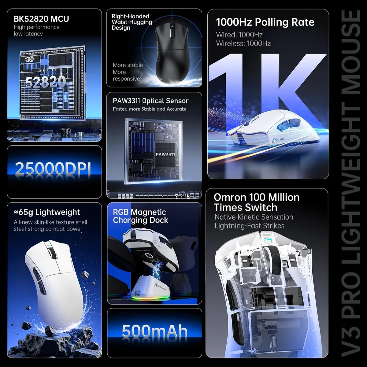 ATTACK SHARK V3 PRO Wireless Esports Gaming Mouse, 25K DPI, 1000Hz, 62g, White