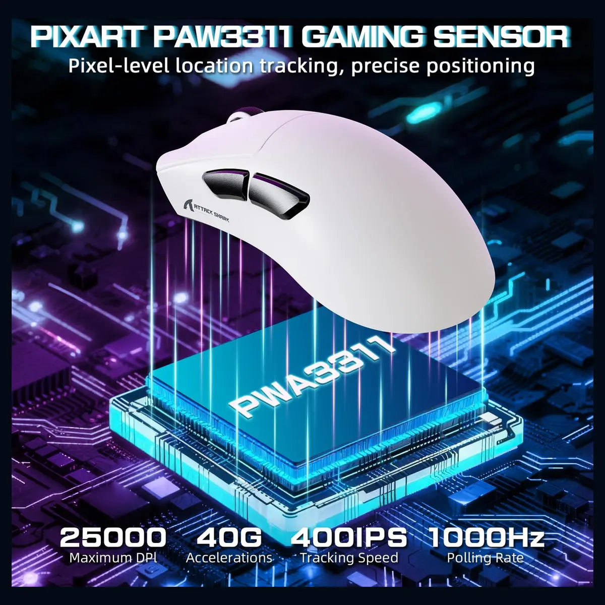 ATTACK SHARK V3 PRO Wireless Esports Gaming Mouse, 25K DPI, 1000Hz, 62g, White