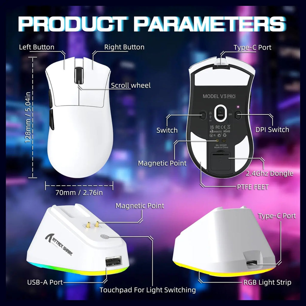 ATTACK SHARK V3 PRO Wireless Esports Gaming Mouse, 25K DPI, 1000Hz, 62g, White