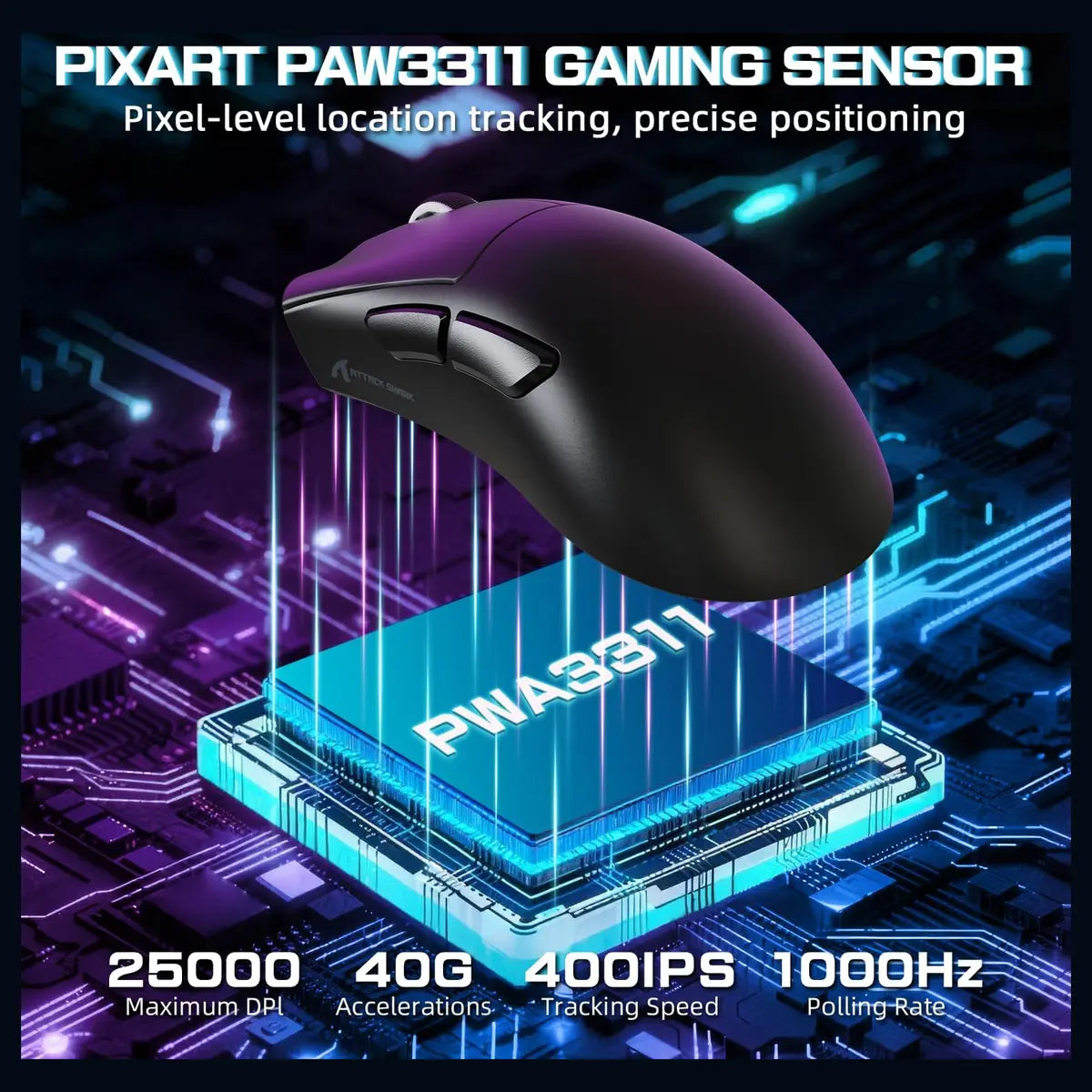 ATTACK SHARK V3 PRO Wireless Esports Gaming Mouse, 25K DPI, 1K Polling, Magnetic Charging Dock, Black