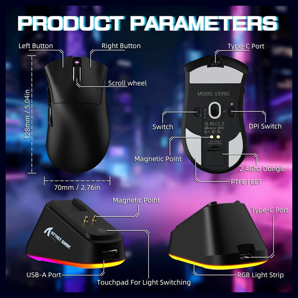 ATTACK SHARK V3 PRO Wireless Esports Gaming Mouse, 25K DPI, 1K Polling, Magnetic Charging Dock, Black