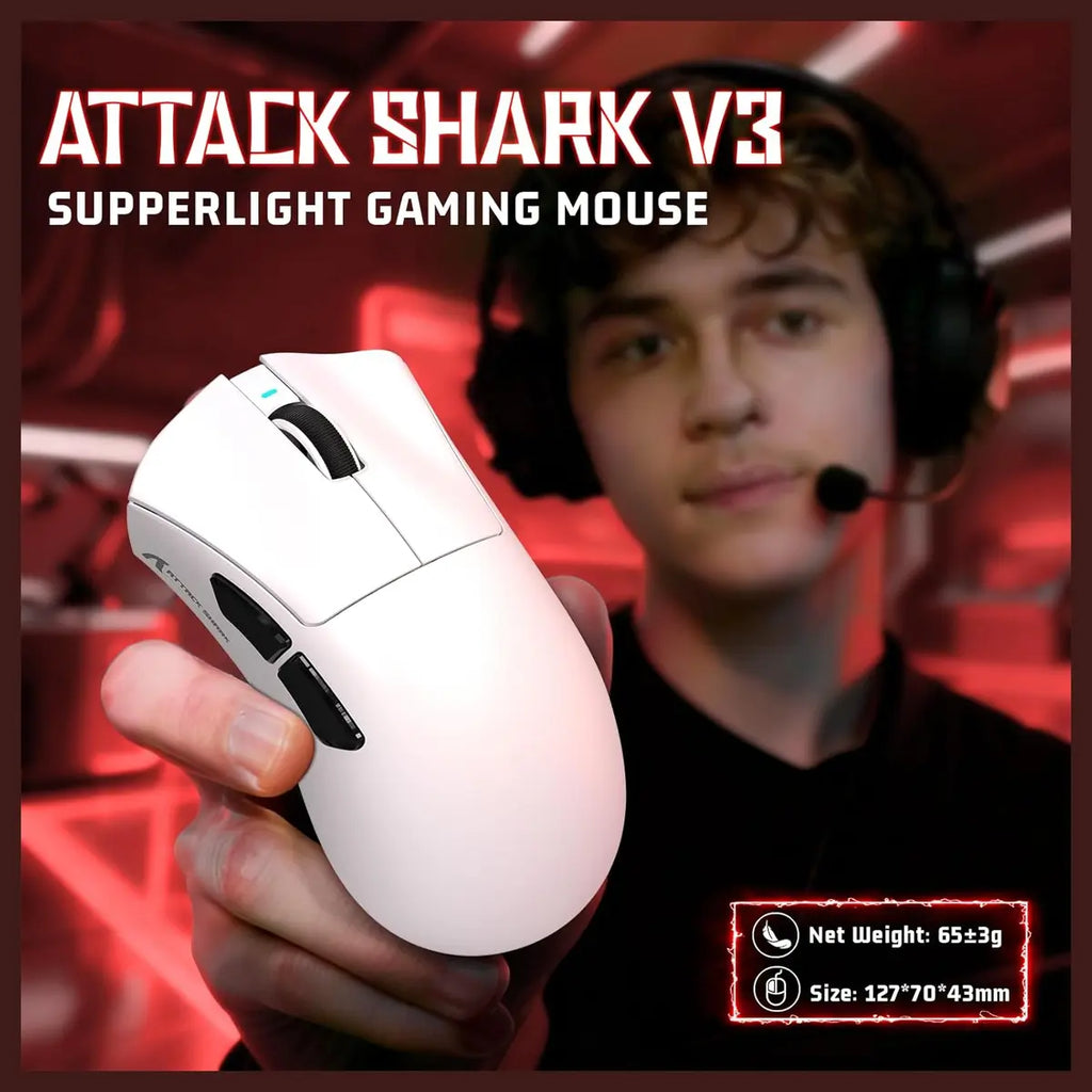ATTACK SHARK V3 Ultra-Light Wireless Gaming Mouse, 25000 DPI, 62g, White