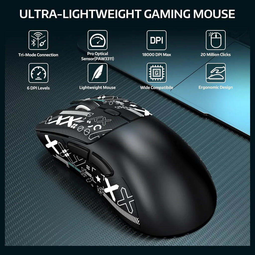 ATTACK SHARK R1 Wireless Gaming Mouse Tri-Mode 2.4G USB-C Wired Bluetooth 5.2 18000 DPI Black