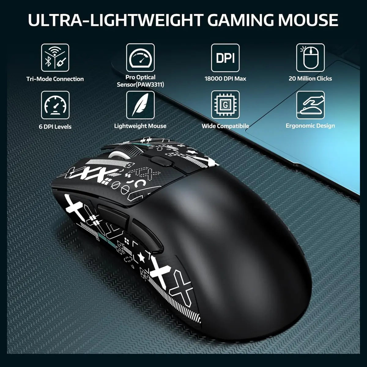 ATTACK SHARK R1 Wireless Gaming Mouse Tri-Mode 2.4G USB-C Wired Bluetooth 5.2 18000 DPI Black