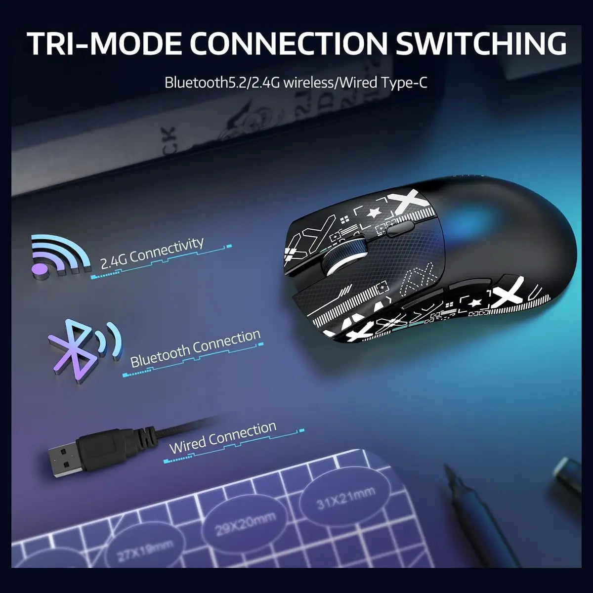 ATTACK SHARK R1 Wireless Gaming Mouse Tri-Mode 2.4G USB-C Wired Bluetooth 5.2 18000 DPI Black