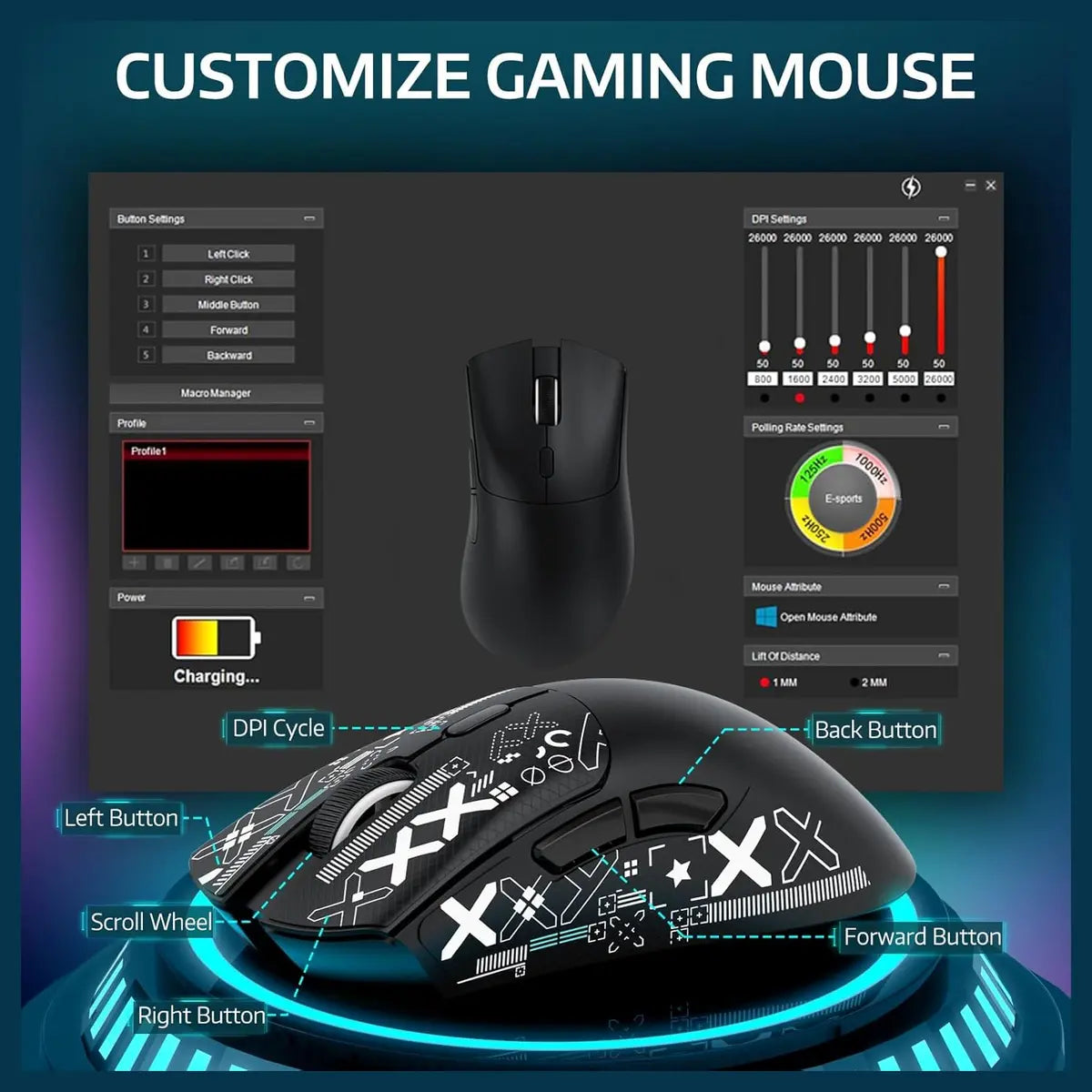 ATTACK SHARK R1 Wireless Gaming Mouse Tri-Mode 2.4G USB-C Wired Bluetooth 5.2 18000 DPI Black