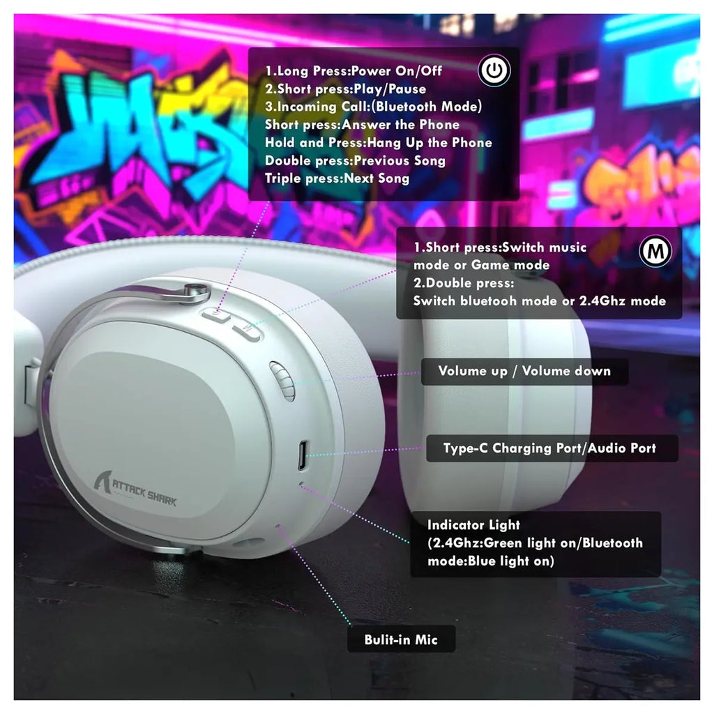ATTACK SHARK L30Pro Wireless Gaming Headset, 2.4GHz Bluetooth 3.5mm, 7.1 Surround Sound, Silver White