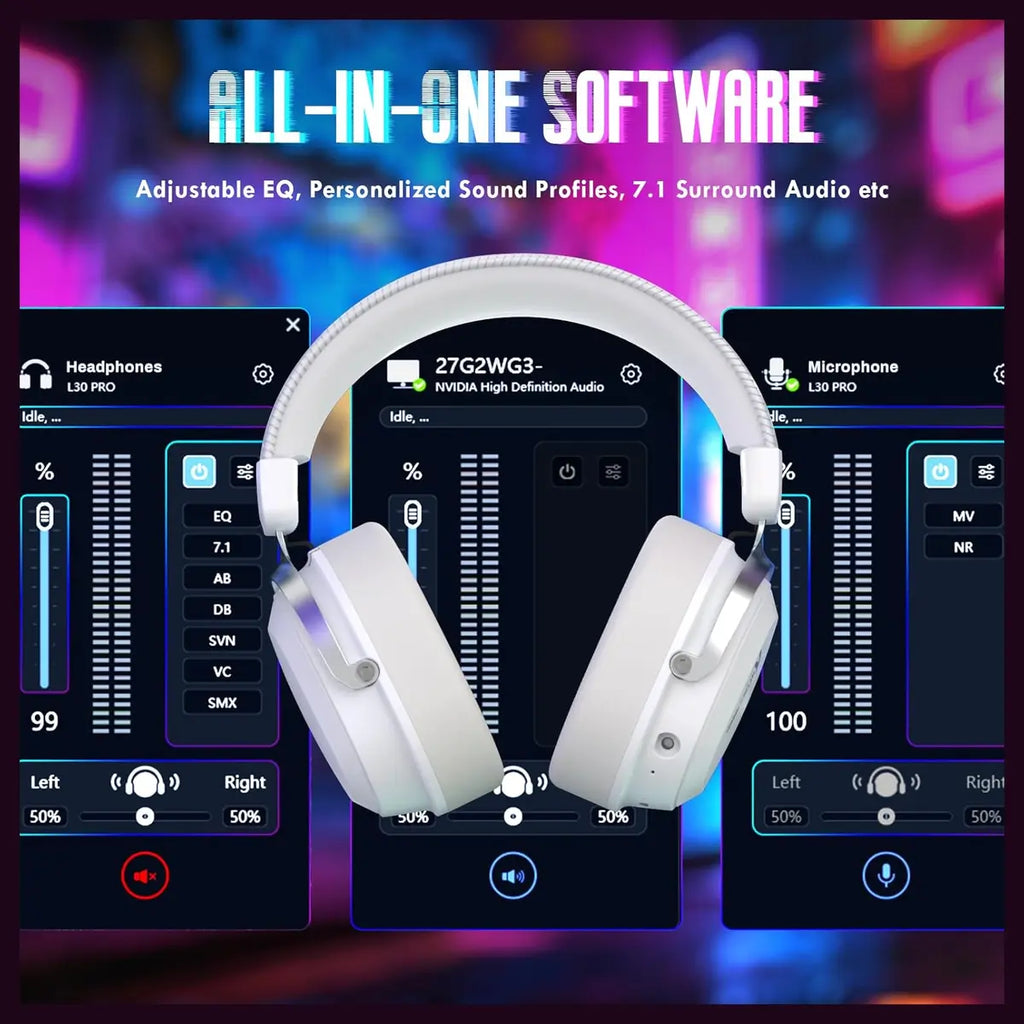 ATTACK SHARK L30Pro Wireless Gaming Headset, 2.4GHz Bluetooth 3.5mm, 7.1 Surround Sound, Silver White