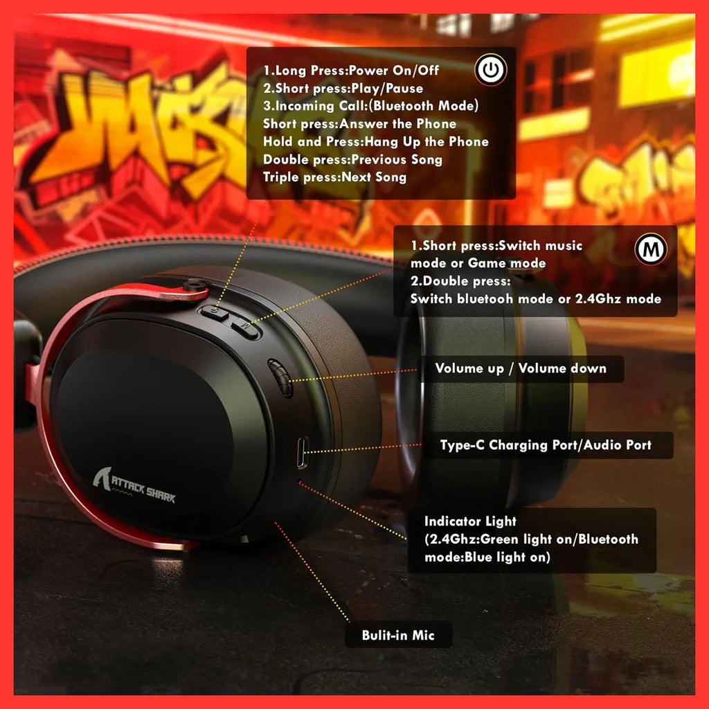 ATTACK SHARK L30Pro Gaming Headset, 2.4GHz Bluetooth 3.5mm, 7.1 Surround Sound, Black and Red