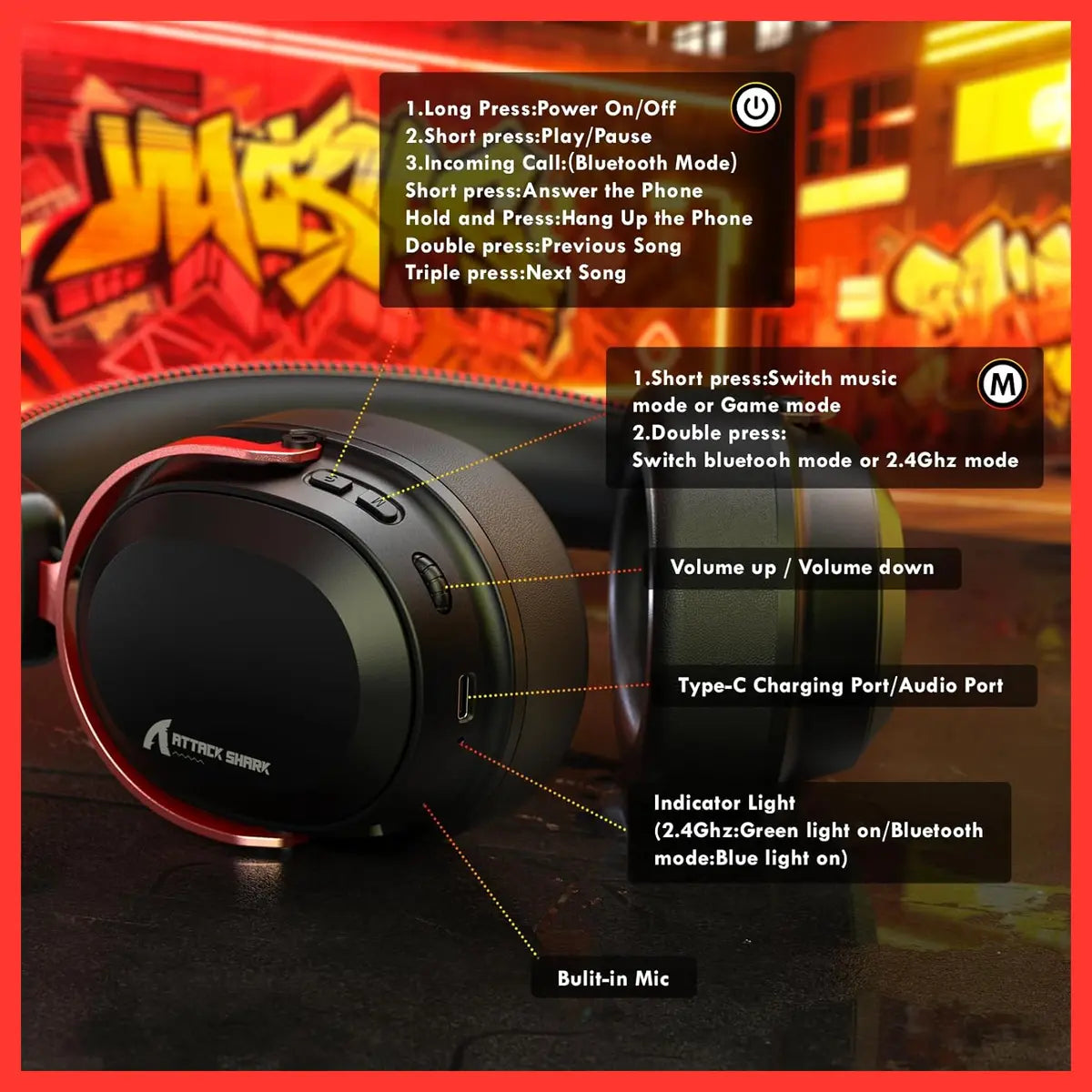 ATTACK SHARK L30Pro Gaming Headset, 2.4GHz Bluetooth 3.5mm, 7.1 Surround Sound, Black and Red