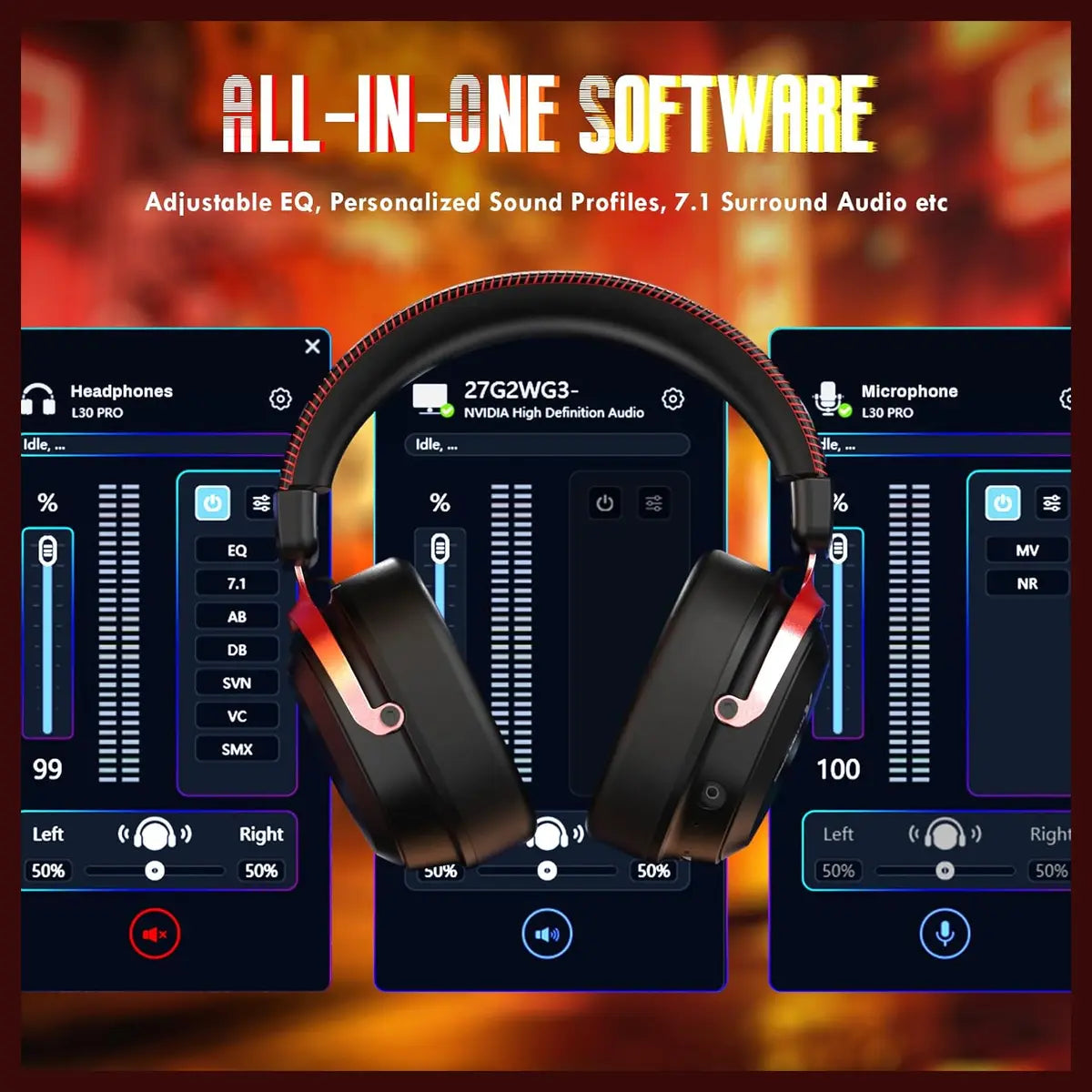 ATTACK SHARK L30Pro Gaming Headset, 2.4GHz Bluetooth 3.5mm, 7.1 Surround Sound, Black and Red
