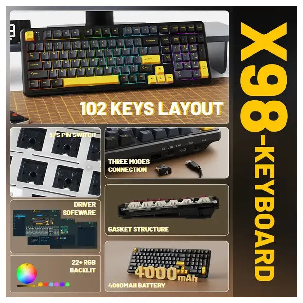 Attack Shark X98 Mechanical Keyboard Tri-Mode BT5.0 2.4GHz USB-C Hot-Swappable Gasket Mount Star Black