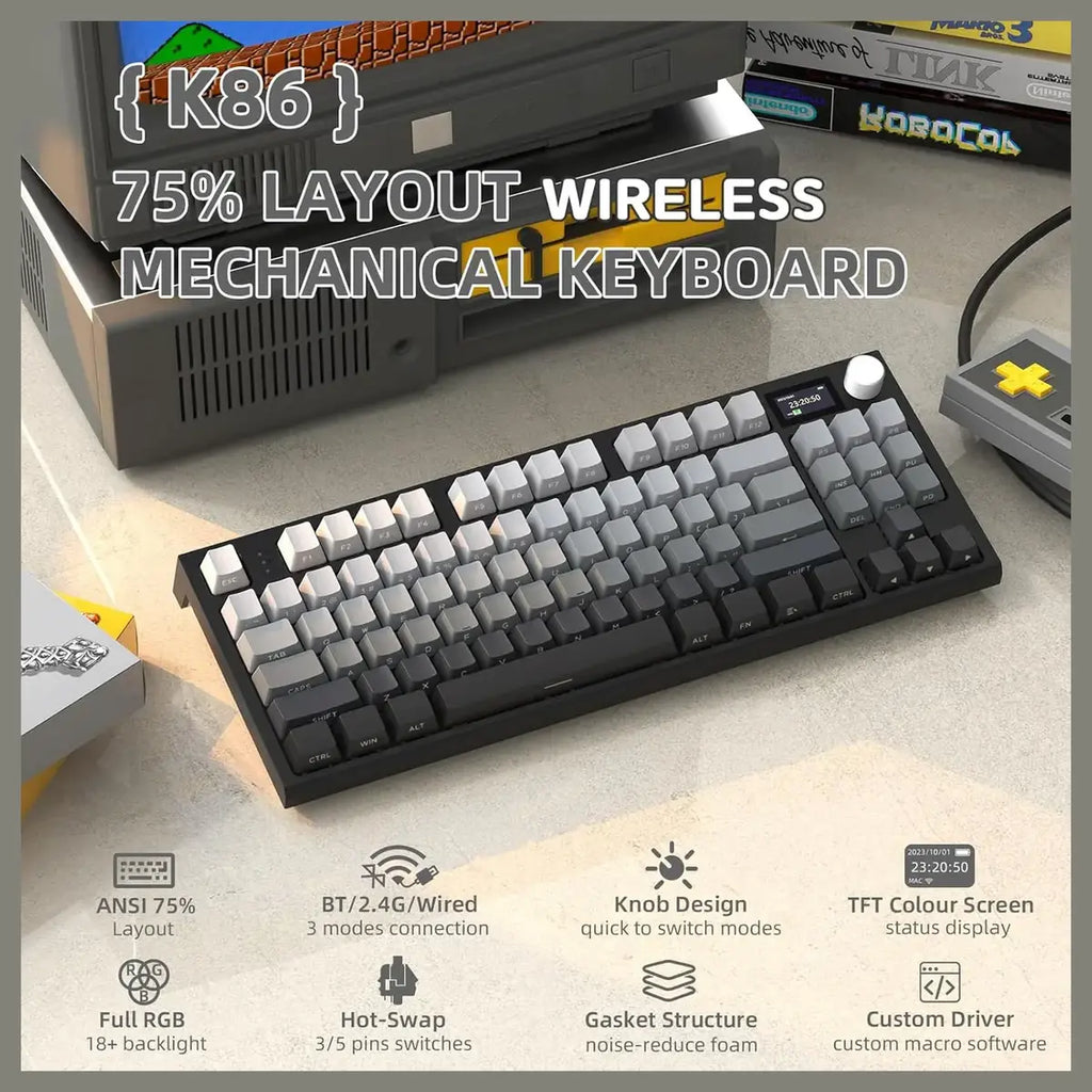 ATTACK SHARK K86 RGB Wireless Mechanical Keyboard, Hot-Swappable, 2.4GHz Bluetooth USB-C, TFT Color Display and CNC Knob, Moonlight