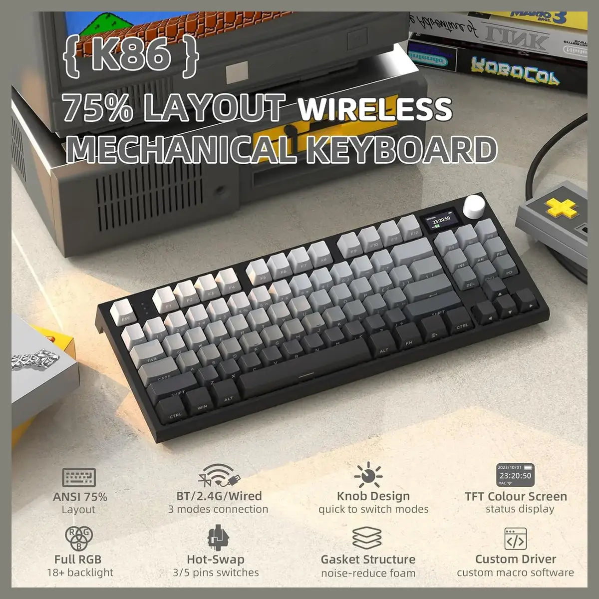 ATTACK SHARK K86 RGB Wireless Mechanical Keyboard, Hot-Swappable, 2.4GHz Bluetooth USB-C, TFT Color Display and CNC Knob, Moonlight