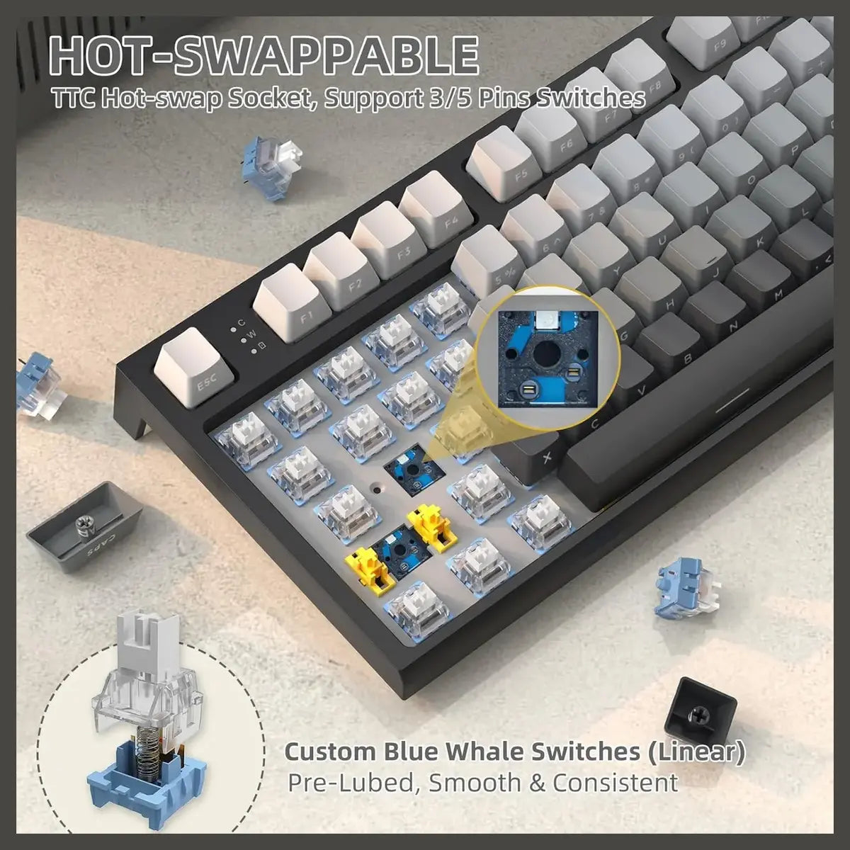 ATTACK SHARK K86 RGB Wireless Mechanical Keyboard, Hot-Swappable, 2.4GHz Bluetooth USB-C, TFT Color Display and CNC Knob, Moonlight