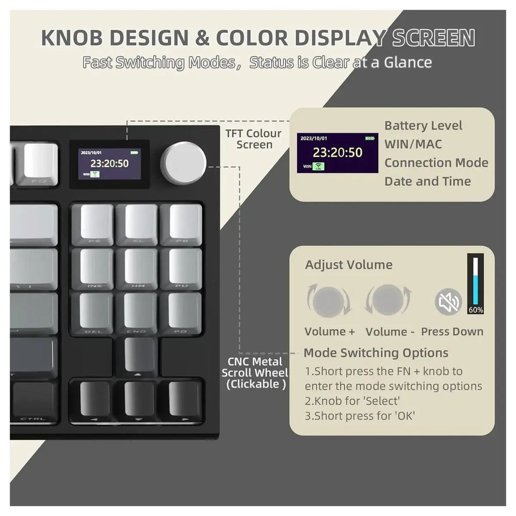ATTACK SHARK K86 RGB Wireless Mechanical Keyboard, Hot-Swappable, 2.4GHz Bluetooth USB-C, TFT Color Display and CNC Knob, Moonlight