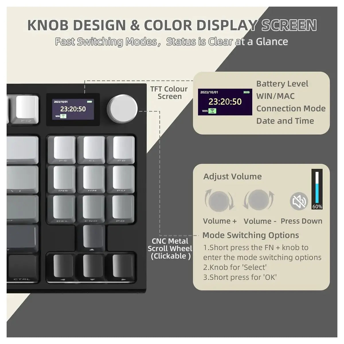 ATTACK SHARK K86 RGB Wireless Mechanical Keyboard, Hot-Swappable, 2.4GHz Bluetooth USB-C, TFT Color Display and CNC Knob, Moonlight
